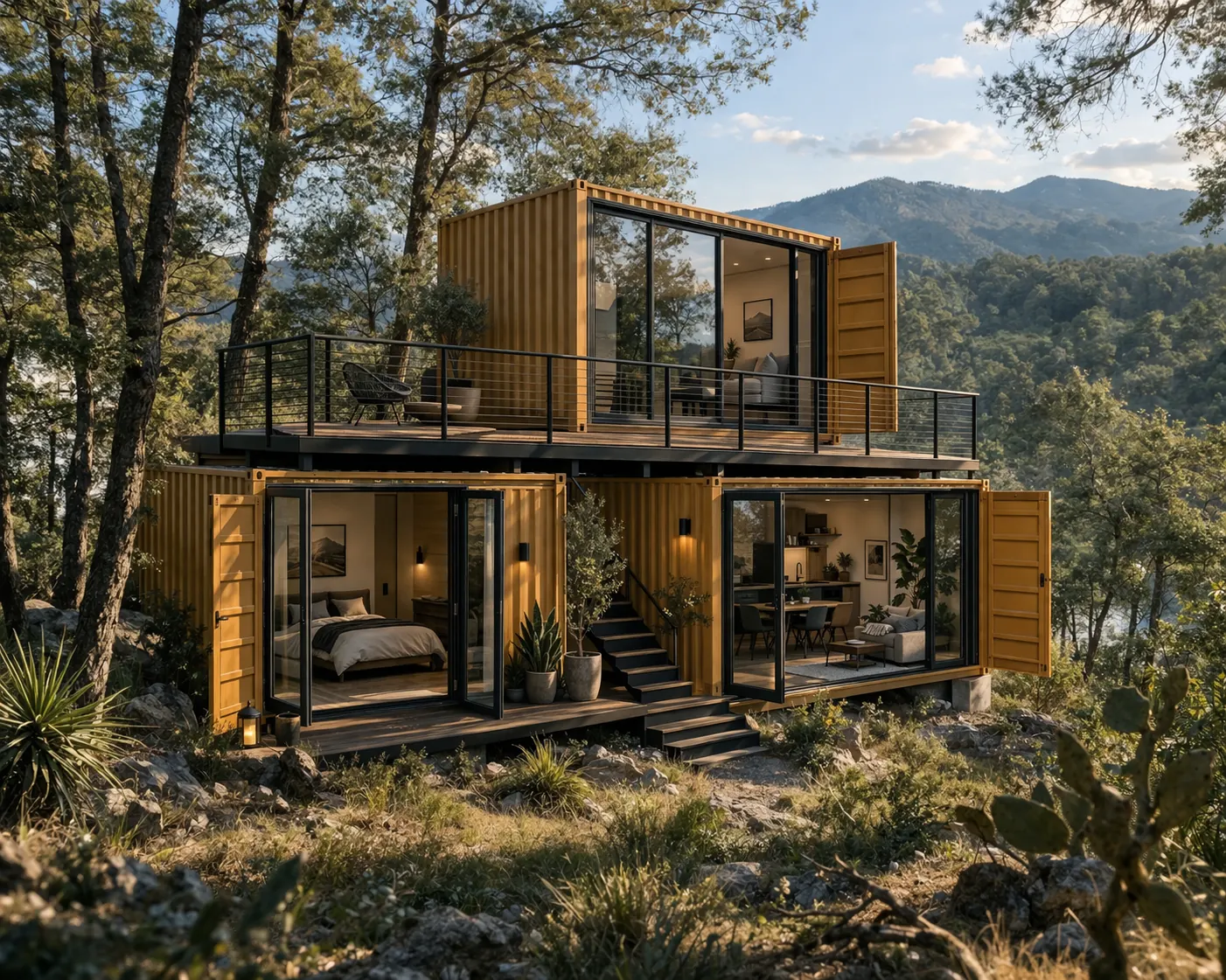 Visualización conceptual de una casa contenedor integrada en la naturaleza